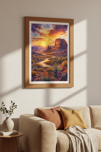 Desert Sunset Watercolor Wall Art | Southwest Landscape Decor | Boho Mesa Poster