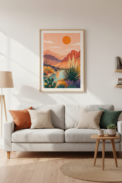Desert Sunset Landscape Wall Art | Terracotta Boho Decor | Southwest Mountain Poster