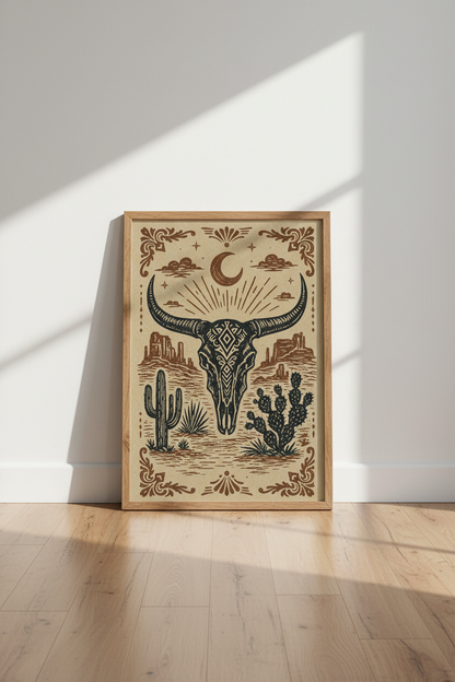 Western Bull Skull Wall Art | Desert Southwest Decor | Rustic Boho Poster