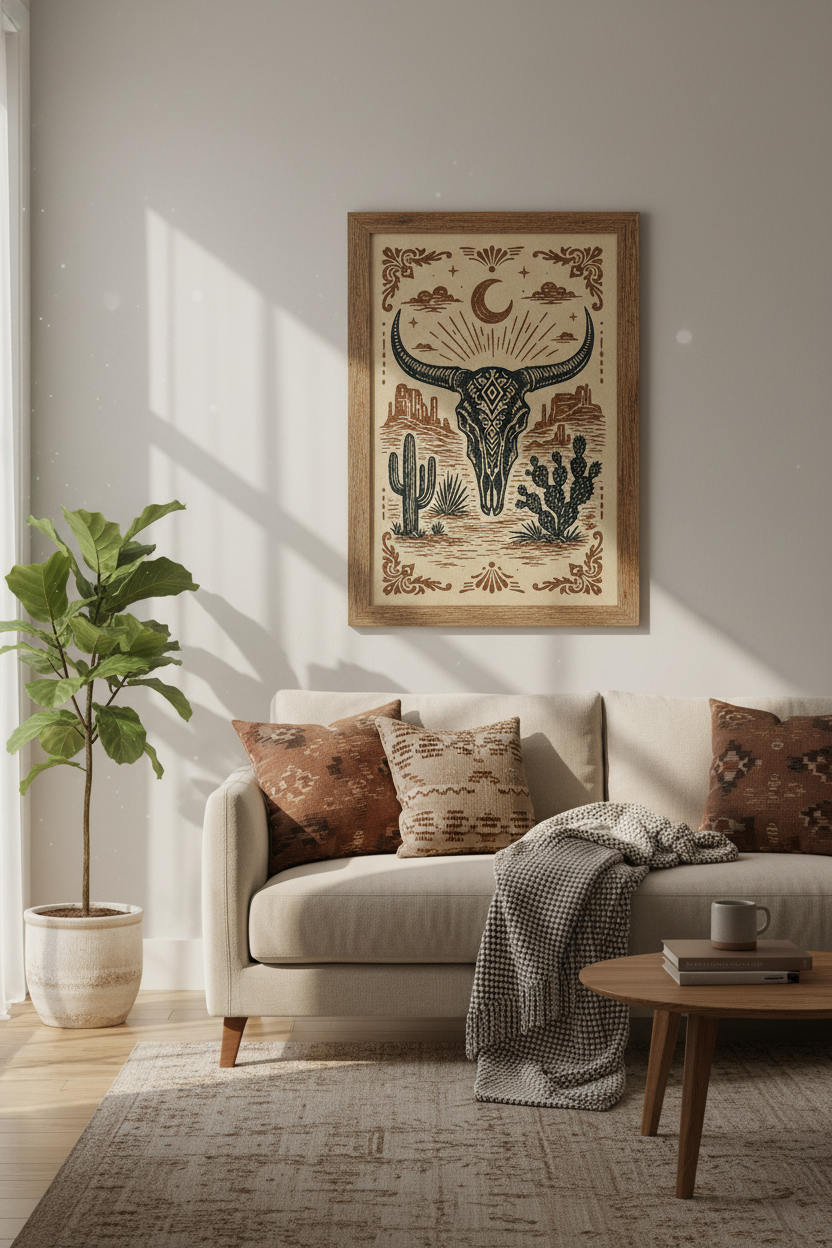 Western Bull Skull Wall Art | Desert Southwest Decor | Rustic Boho Poster