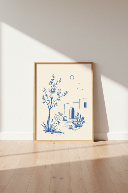 Mediterranean Landscape Wall Art | Blue Line Art Print, Coastal Home Decor