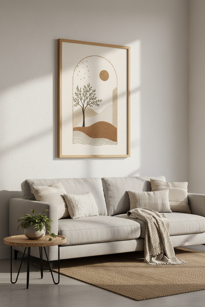 Boho Texture Landscape Art | Earth Tone Minimalist Tree, Living Room Decor