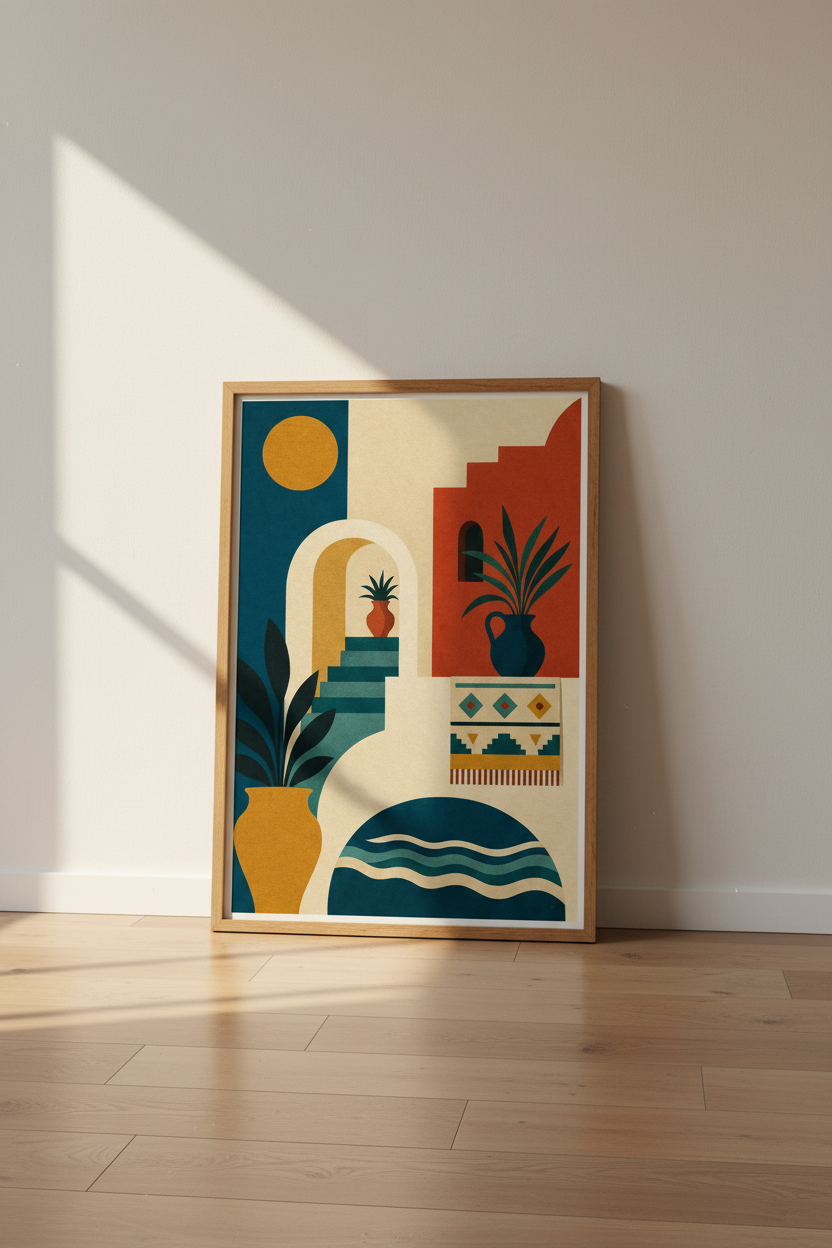 Mediterranean Staircase Art | Terracotta Boho Wall Decor, Minimalist Greek Poster