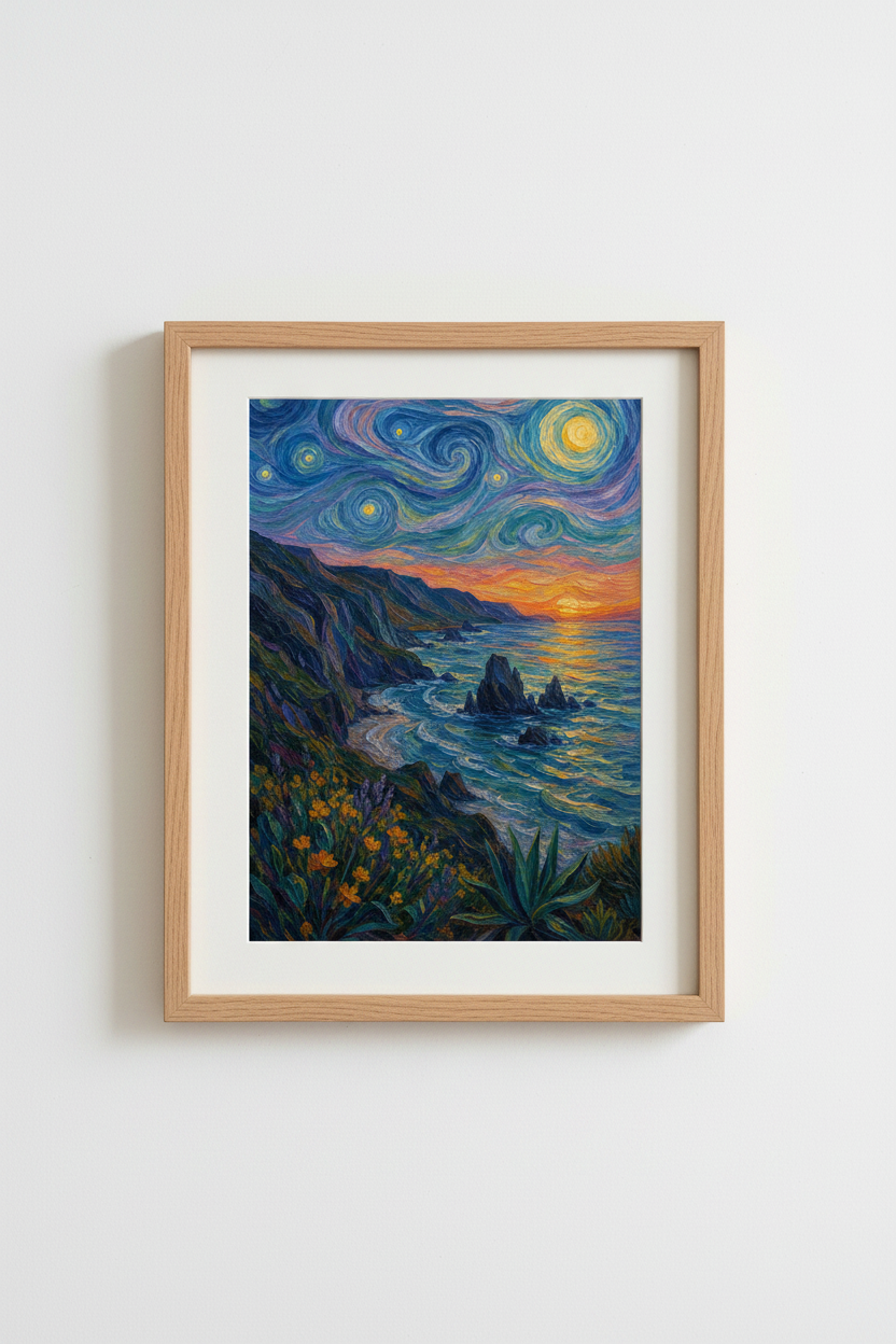 Van Gogh Style Ocean Print | Coastal Sunset Wall Art | Impressionist Poster
