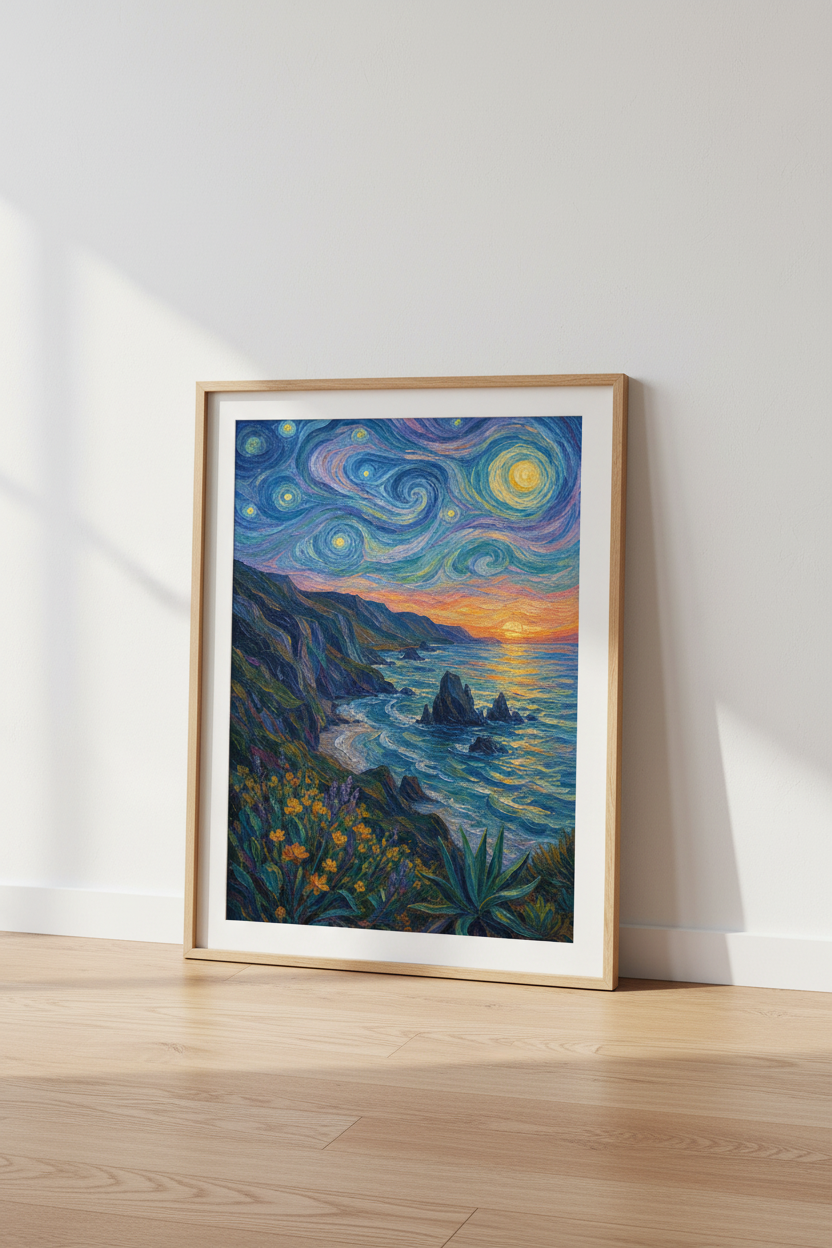 Van Gogh Style Ocean Print | Coastal Sunset Wall Art | Impressionist Poster
