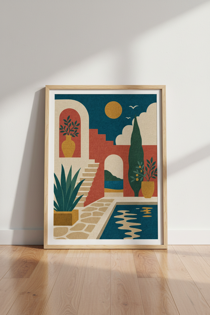 Mediterranean Villa Wall Art | Boho Terracotta Landscape, Living Room Decor