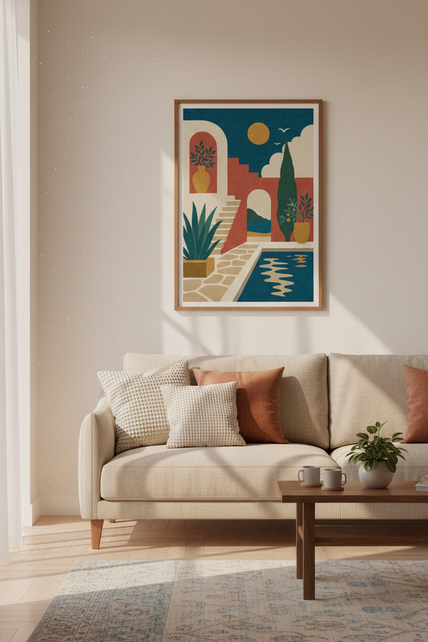 Mediterranean Villa Wall Art | Boho Terracotta Landscape, Living Room Decor