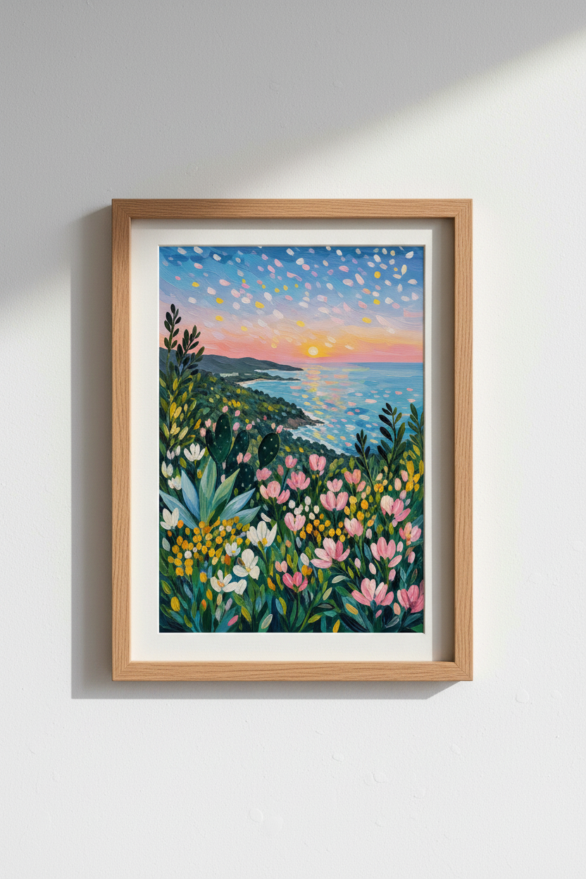 Impressionist Coastal Wall Art Print | Sunset Beach Decor | Floral Landscape Poster