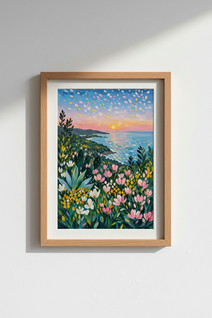 Impressionist Coastal Wall Art Print | Sunset Beach Decor | Floral Landscape Poster