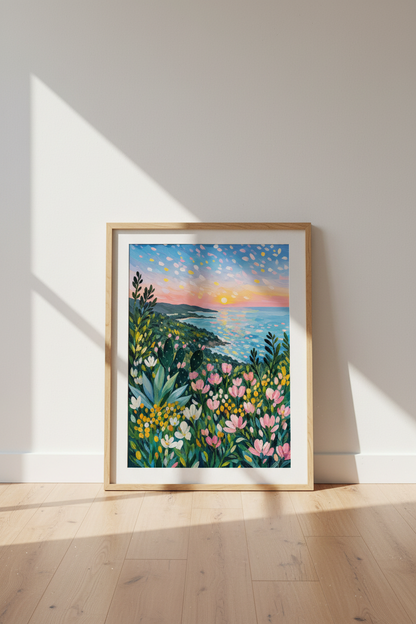 Impressionist Coastal Wall Art Print | Sunset Beach Decor | Floral Landscape Poster