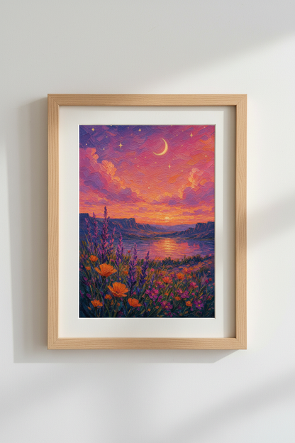Landscape Wall Art Print | Celestial Sunset Poster, Purple &amp; Orange Impressionist Decor