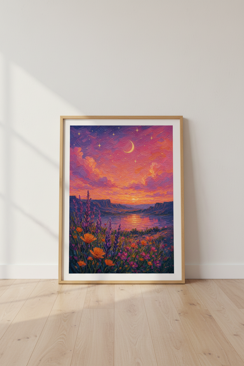 Landscape Wall Art Print | Celestial Sunset Poster, Purple &amp; Orange Impressionist Decor