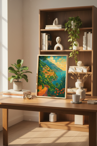 Vibrant Mediterranean Coastal Town Wall Art Print | Boho Living Room Decor | Italian Riviera Poster | Summer Home Aesthetic