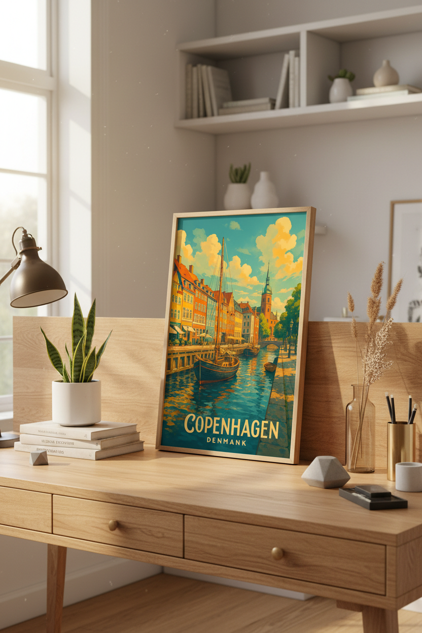 Copenhagen Travel Poster Art Print | Nyhavn Canal Cityscape Decor | Nordic Denmark Aesthetic Wall Art Vintage Style