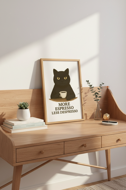 Humorous Black Cat Coffee Art Print | Kitchen Decor | Cozy Minimalist Poster | More Espresso Less Despresso Wall Decor
