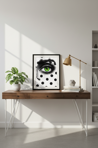 Vibrant Green Eye Polka Dot Wall Art Print | Bold Gaze Home Decor Poster | Abstract Woman&