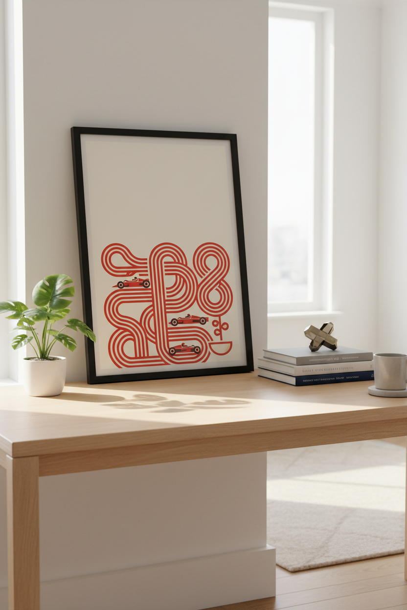 Retro Racing Car Wall Art, Abstract Race Track Poster Print, Mid-Century Modern Home Decor, Red &amp; Cream Art Print, Speed Enthusiast Gift