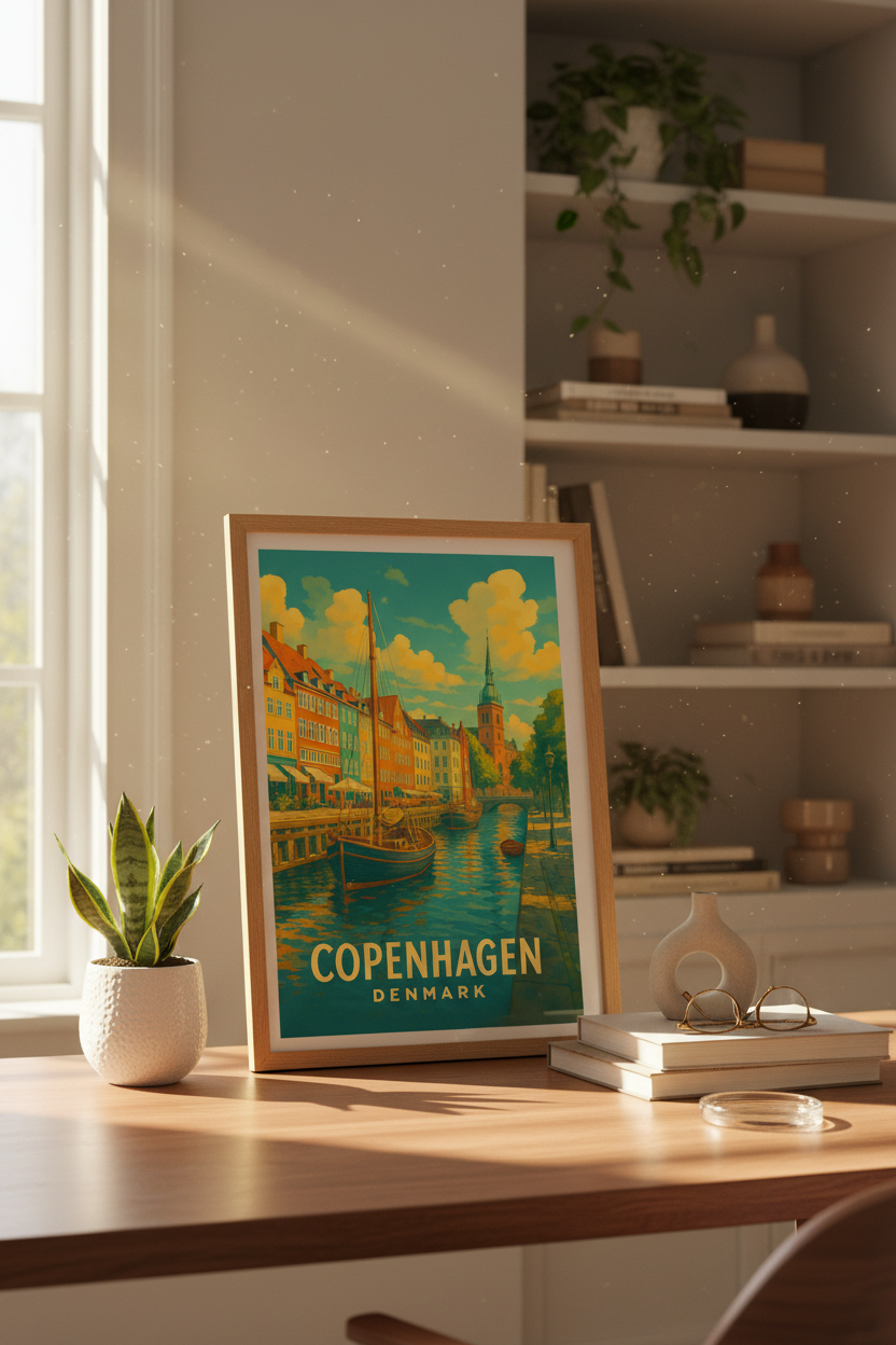 Retro Travel Copenhagen Wall Art Print | Denmark Cityscape Decor | Nordic Colorful Poster | Europe Boat Canal Vintage Art