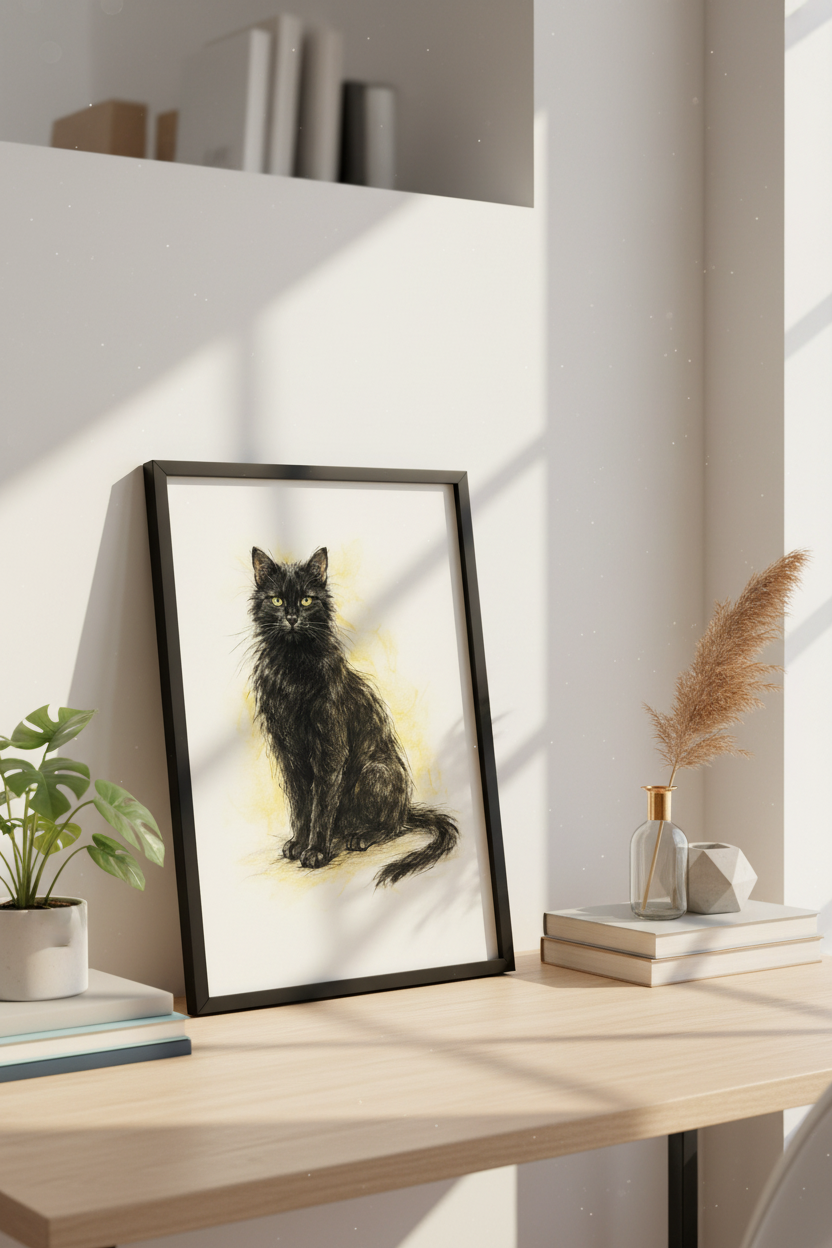Black Cat Art Print, Fluffy feline Wall Art, Green Eyes Poster, Animal Home Decor, Framed Cat Drawing, Pet Lover Gift