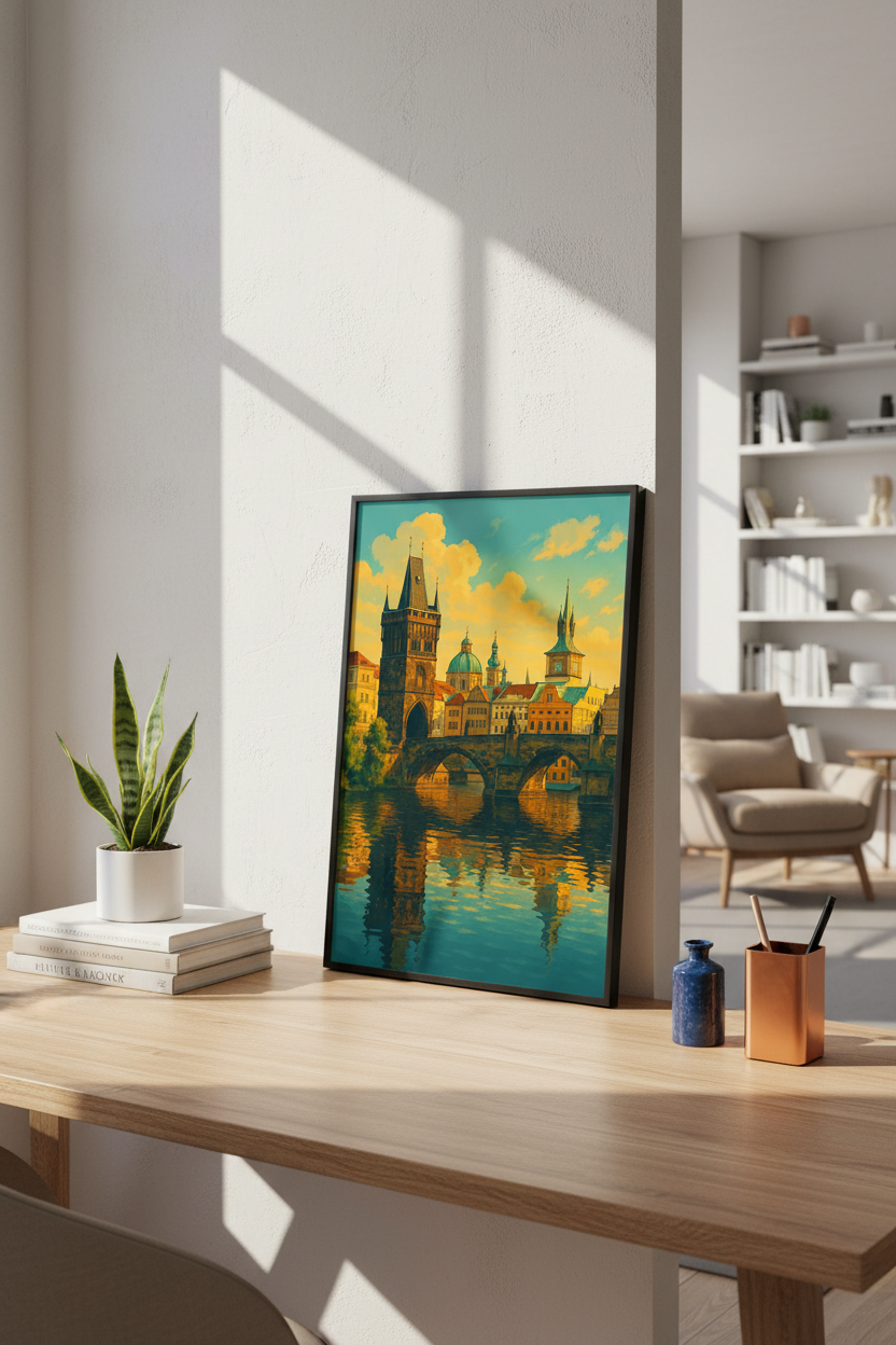 Prague Cityscape Framed Wall Art | Charles Bridge Decor | Travel Aesthetic Poster Print | Ready to Hang Scenic Art