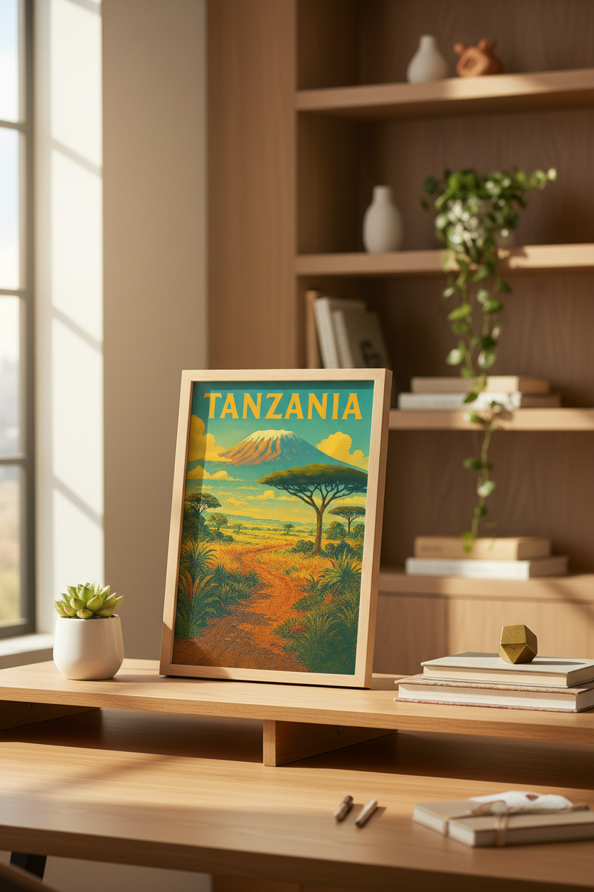 Vintage Tanzania Travel Art Print | Kilimanjaro Wall Decor | Mid Century Safari Poster | African Bohemian Home Decor
