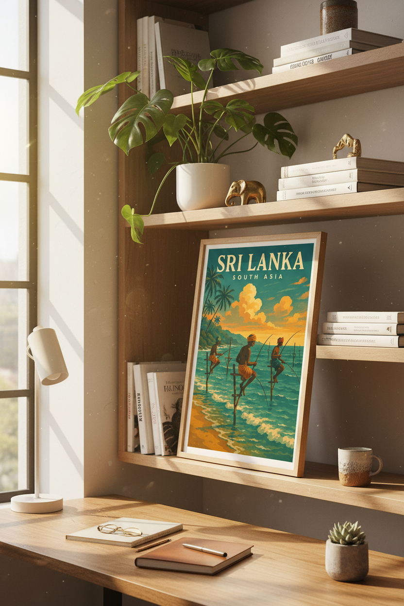 Vintage Travel Poster | Sri Lanka Stilt Fishing Wall Art | Retro South Asia Ocean Print | Coastal Living Room Decor | Beach House Art