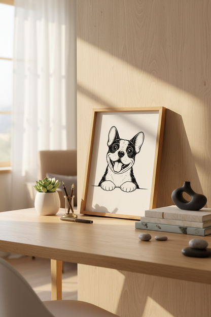 Minimalist French Bulldog Wall Art Print | Pet Themed Decor | Cute Bulldog Poster | Dog Lover Gift | Black &amp; White Happy Puppy