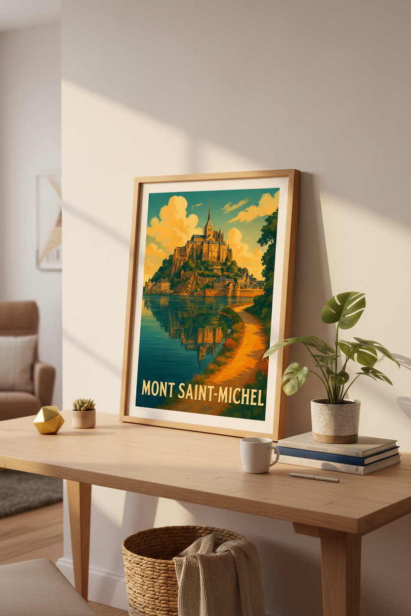 Retro Mont Saint-Michel Wall Art Print | Travel Poster French Decor | Vintage Coastal Landscape Housewarming Gift