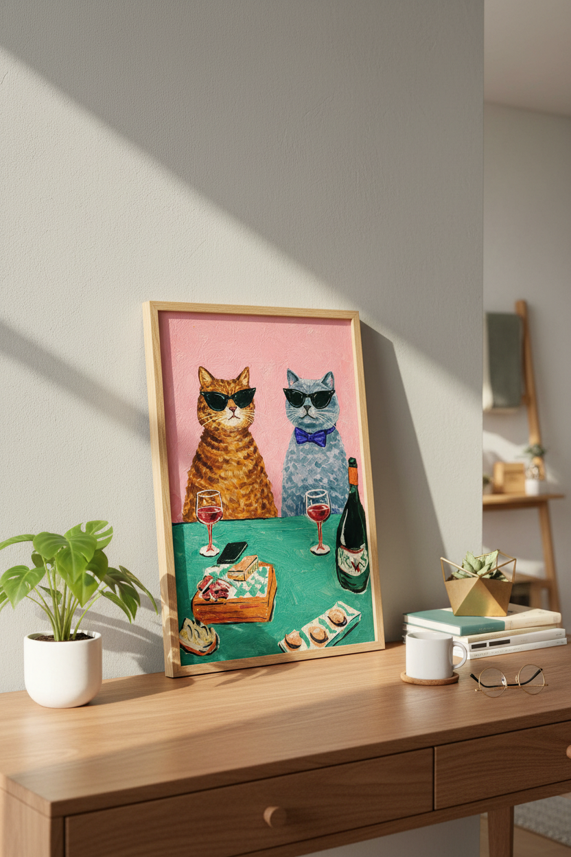 Eclectic Cat Painting Wall Art Print | Funny Animal Dining Room Decor | Maximalist Kitchen Poster, Cat Lover Gift