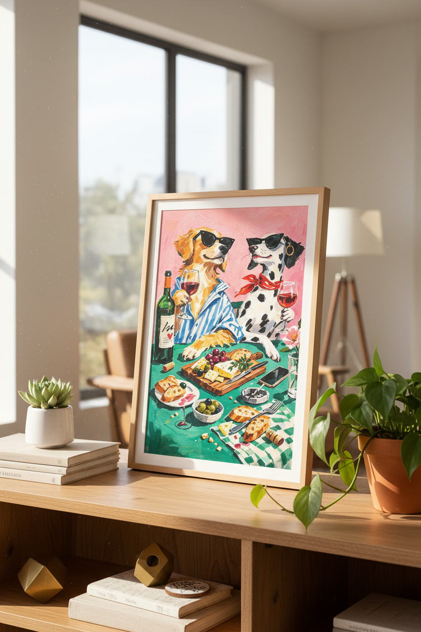 Funky Dog Wine Night Wall Art Print | Boho Kitchen Decor | Eclectic Pet Lover Poster | Framed Unframed Digital