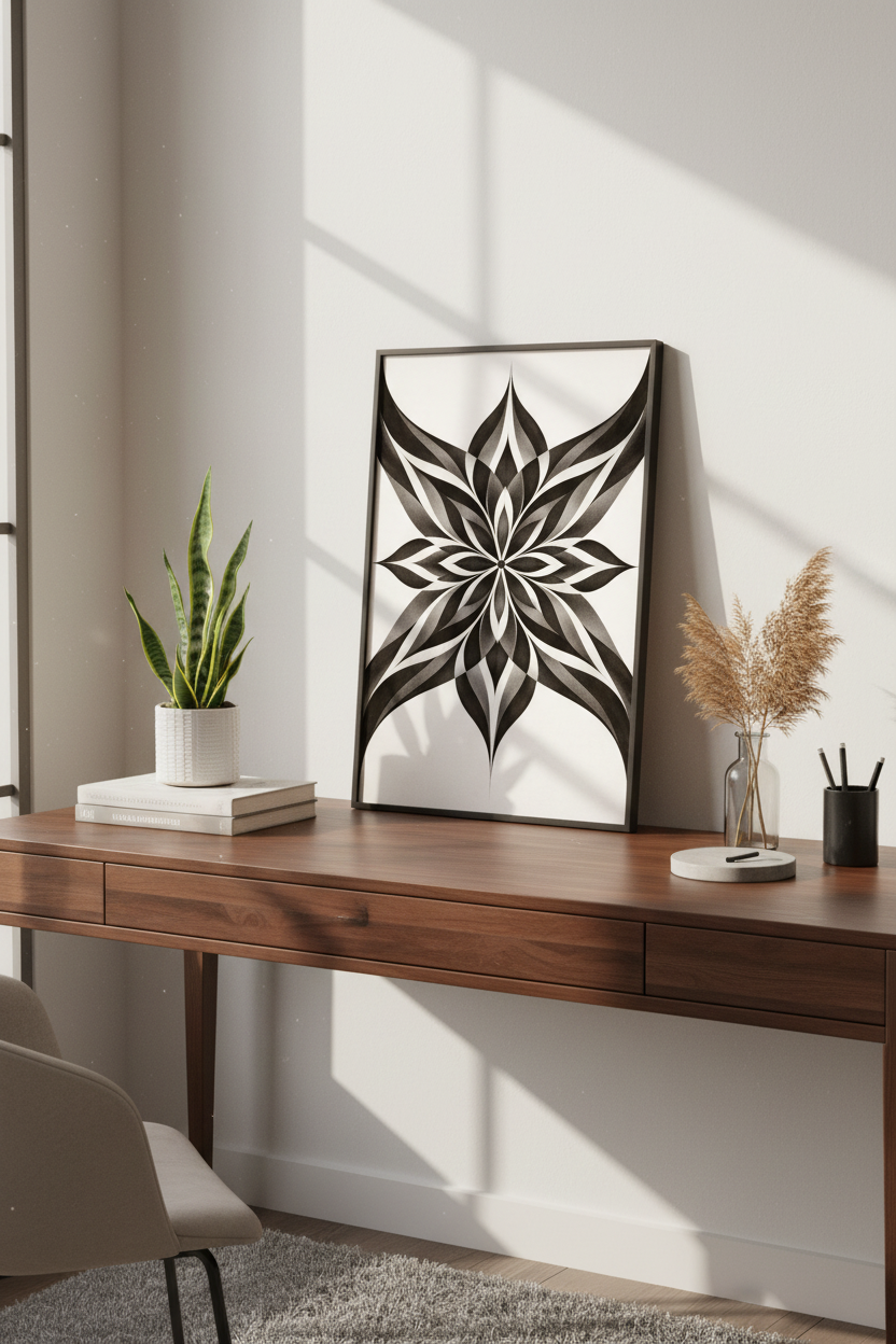 Abstract Geometric Flower Wall Art Print | Black &amp; White Mandala Poster | Modern Minimalist Home Decor | Boho Wall Hanging