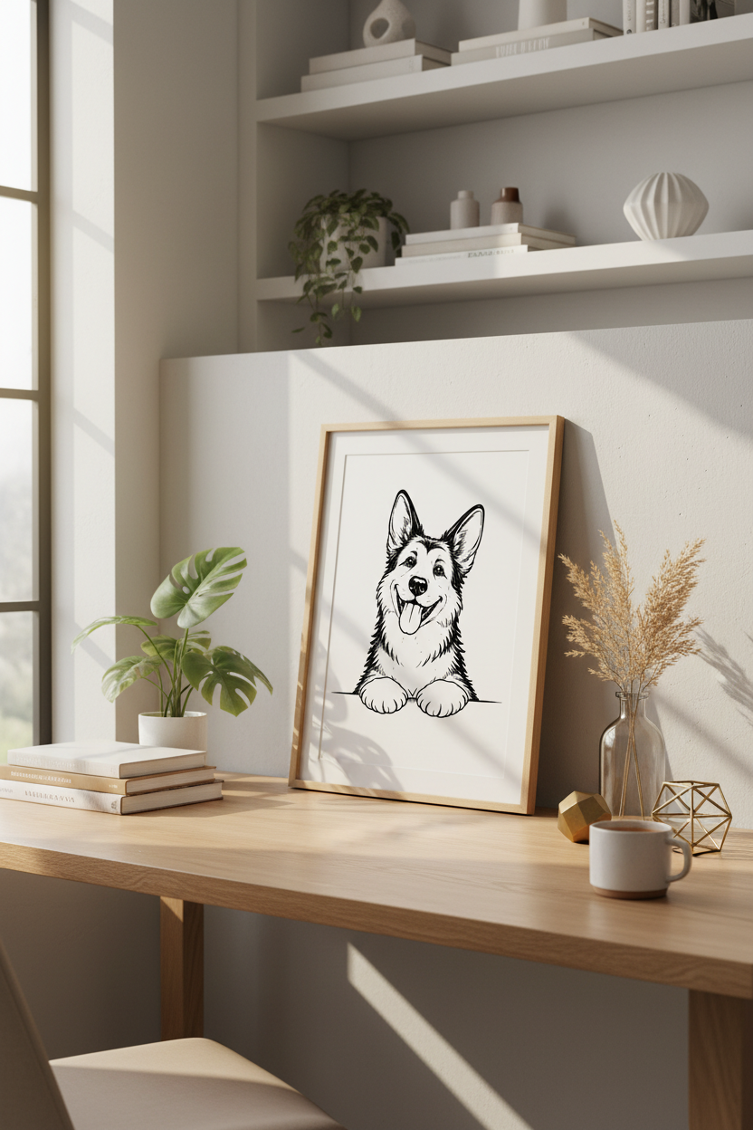 Corgi Outline Wall Art Print | Dog Lover Decor | Minimalist Poster | Cute Pet Print | Happy Corgi Art | Kids Room Decor