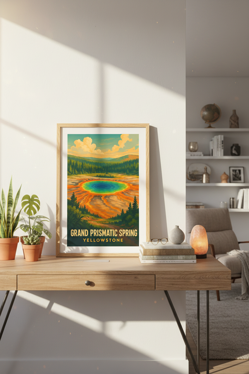 Retro Travel Grand Prismatic Spring Yellowstone Wall Art Print | Living Room Decor | National Park Poster Gift