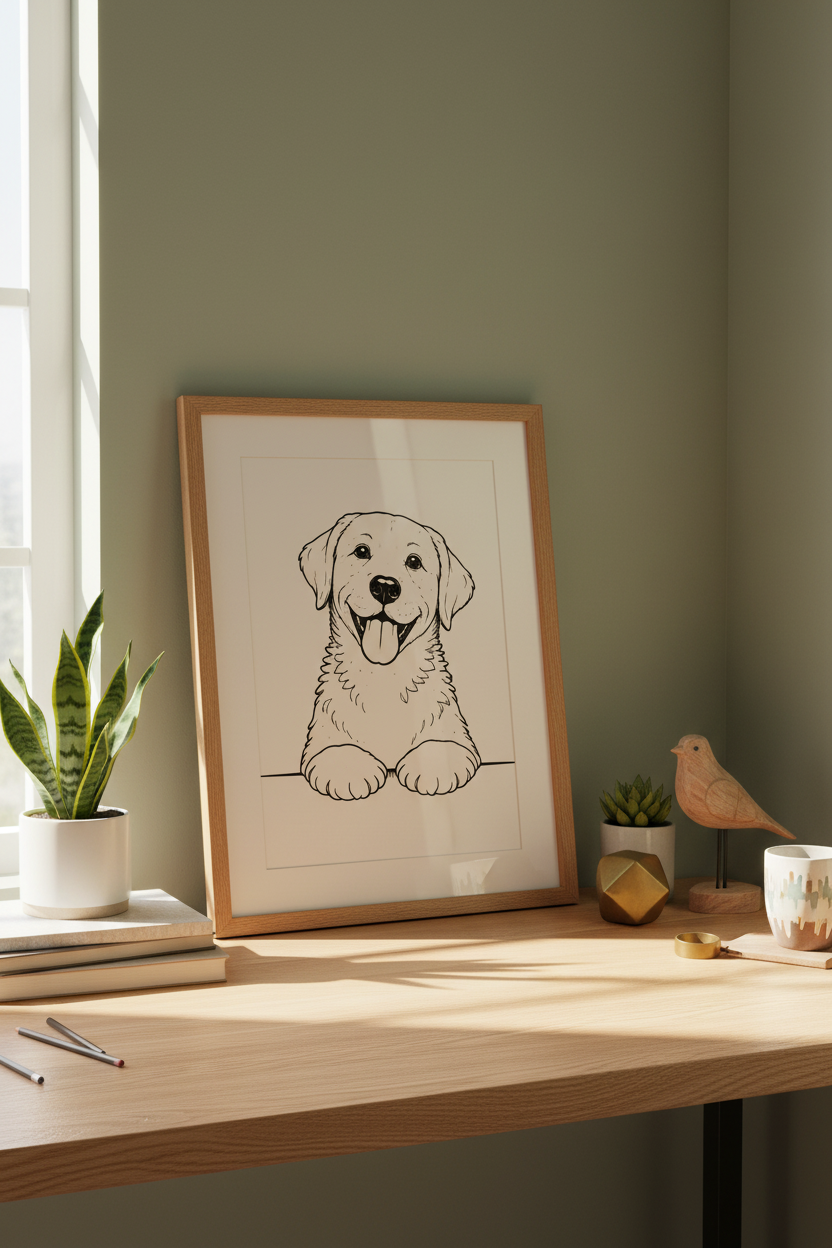 Minimalist Labrador Puppy Wall Art Print | Nursery Decor | Happy Doggy Sketch Poster | Black and White Line Art | Pet Lover Gift