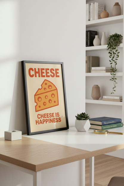 Cheese is Happiness Wall Art Print | Funny Kitchen Decor Poster | Food Pun Home Decor | Modern Dining Room Art