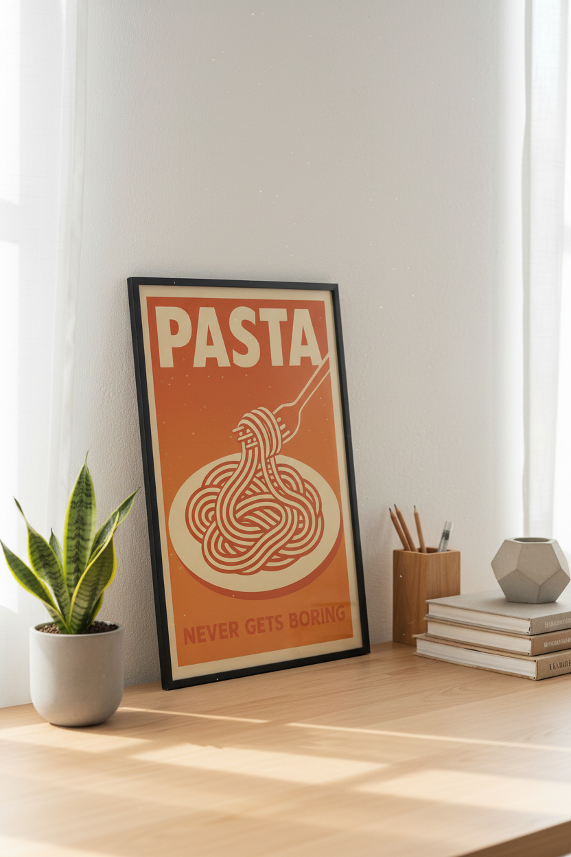 Pasta Never Gets Boring Wall Art Print | Funny Kitchen Decor, Italian Food Poster, Retro Mid-Century Modern Art Print | Dining Room Wall Hanging