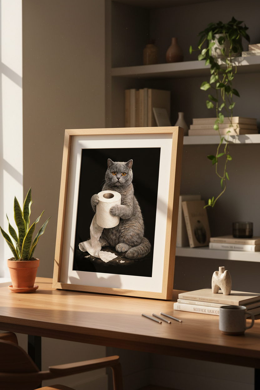 Humorous Cat Toilet Paper Wall Art Print | Bathroom Decor | Funny Pet Poster | British Shorthair Lover Gift