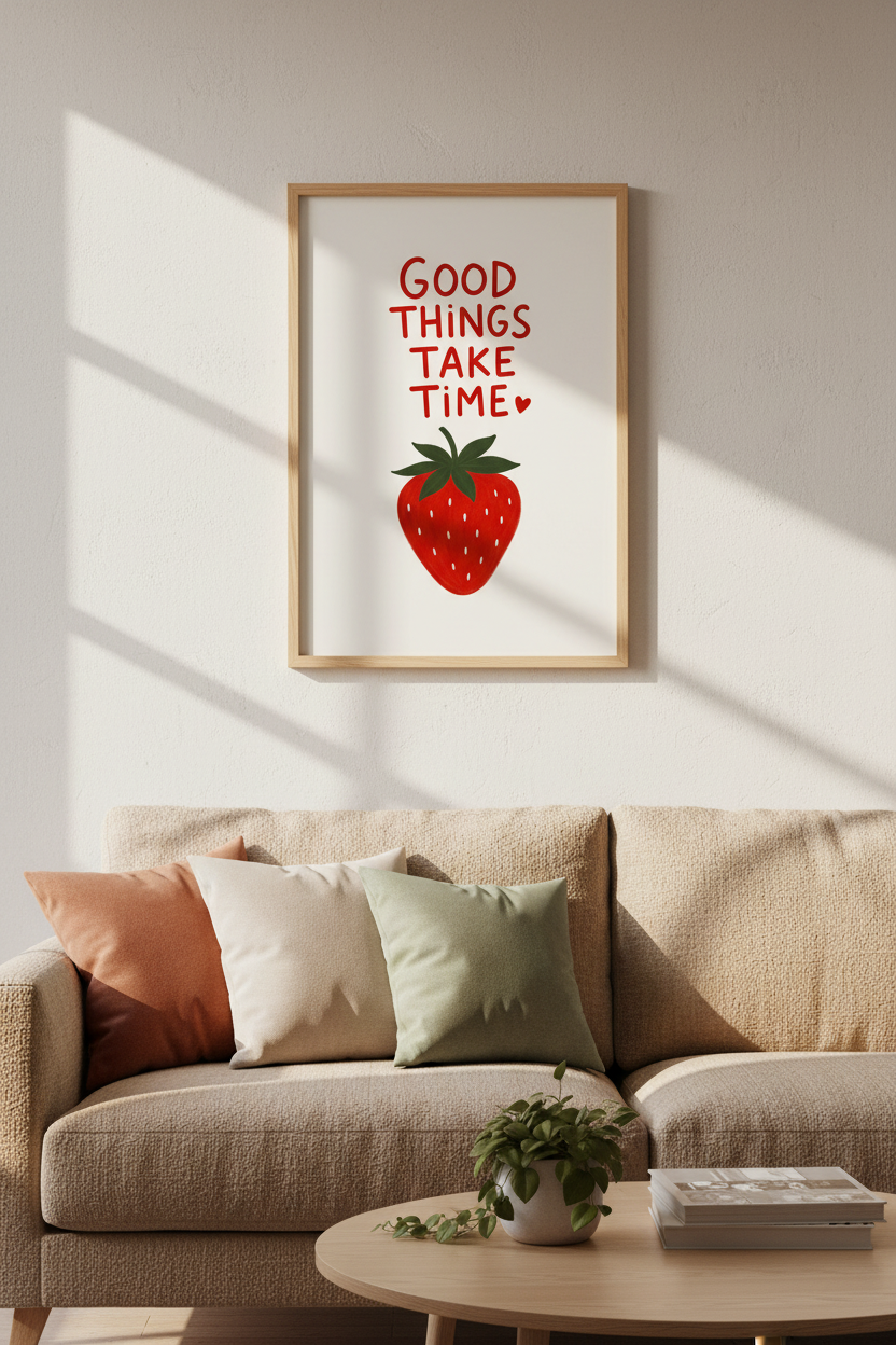 Strawberry Illustration Poster | Red Kitchen Wall Art Print, Good Things Take Time