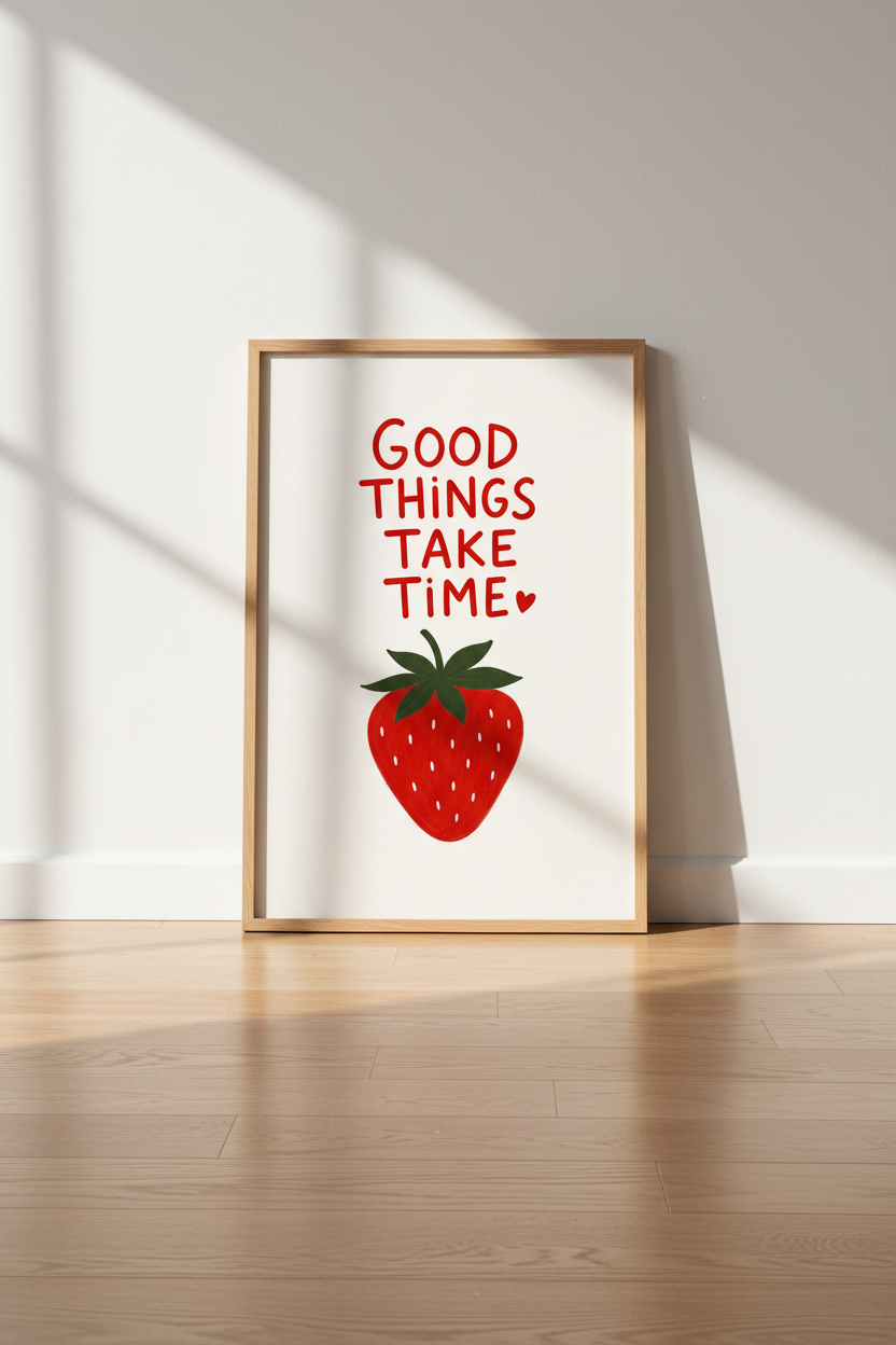 Strawberry Illustration Poster | Red Kitchen Wall Art Print, Good Things Take Time