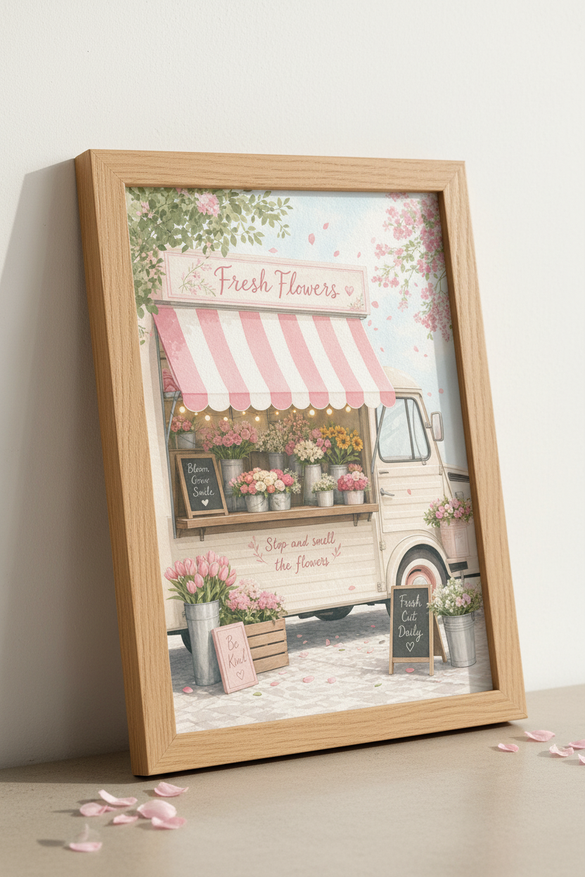 Flower Truck Watercolor Wall Art | Nursery Decor | Pastel Cottagecore Poster