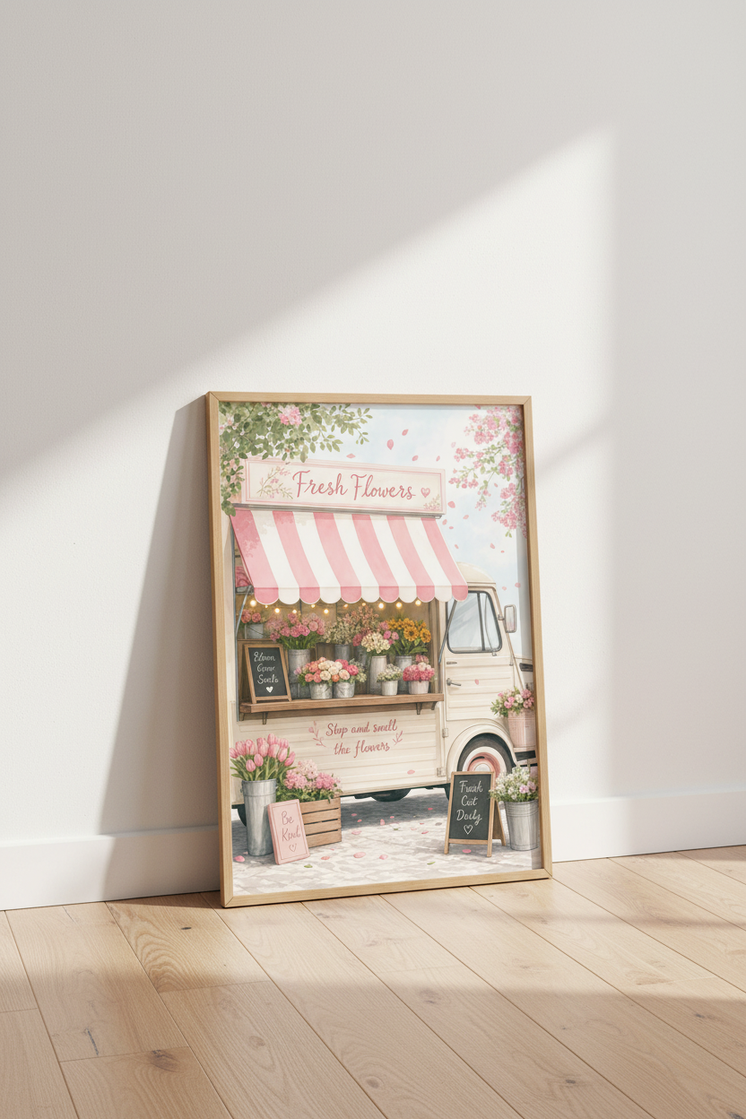 Flower Truck Watercolor Wall Art | Nursery Decor | Pastel Cottagecore Poster