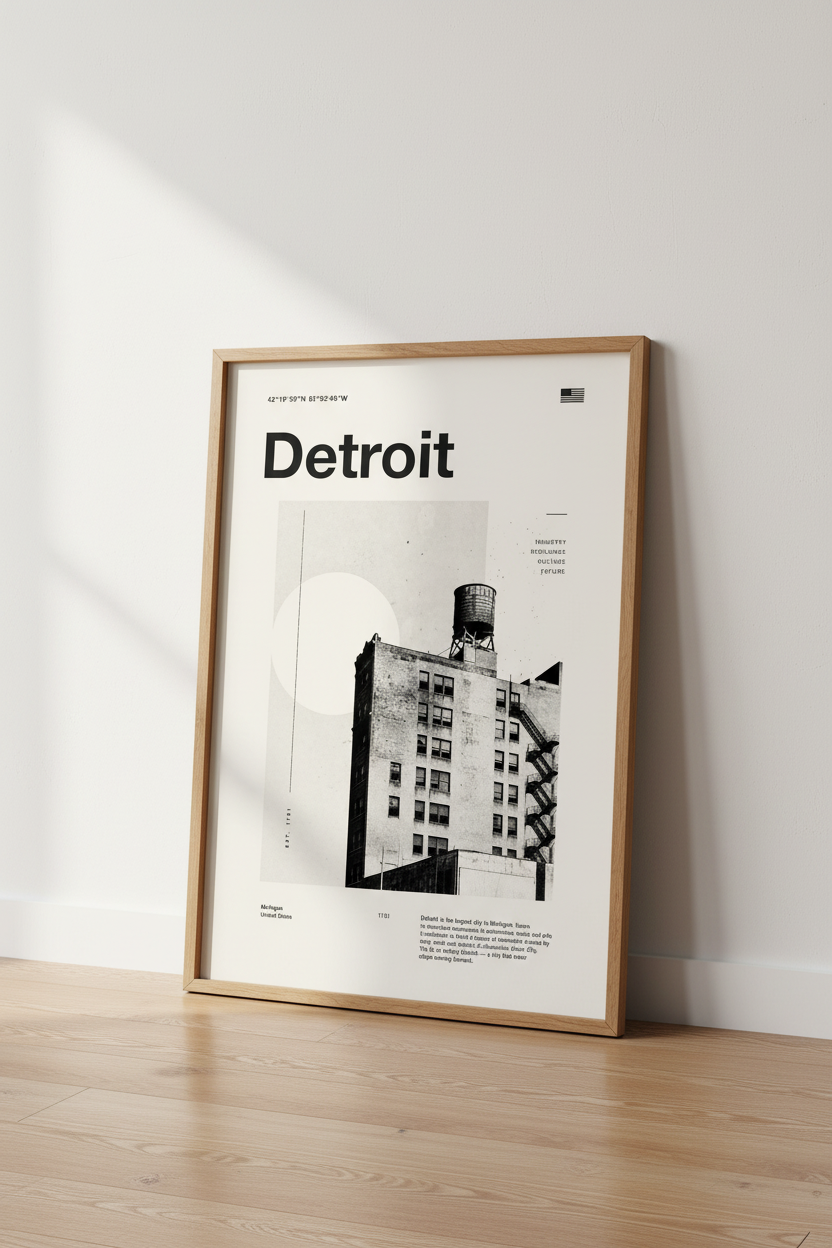Detroit City Wall Art | Industrial Minimalist Print | Modern Office Decor