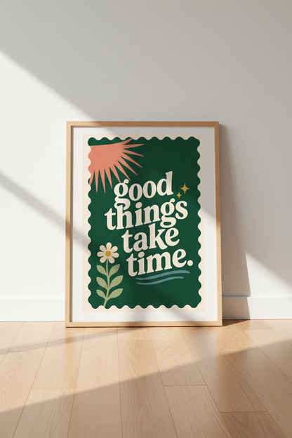Good Things Take Time Wall Art | Retro Green Boho Poster, Home Office Decor