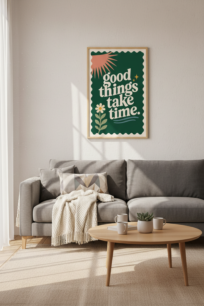 Good Things Take Time Wall Art | Retro Green Boho Poster, Home Office Decor