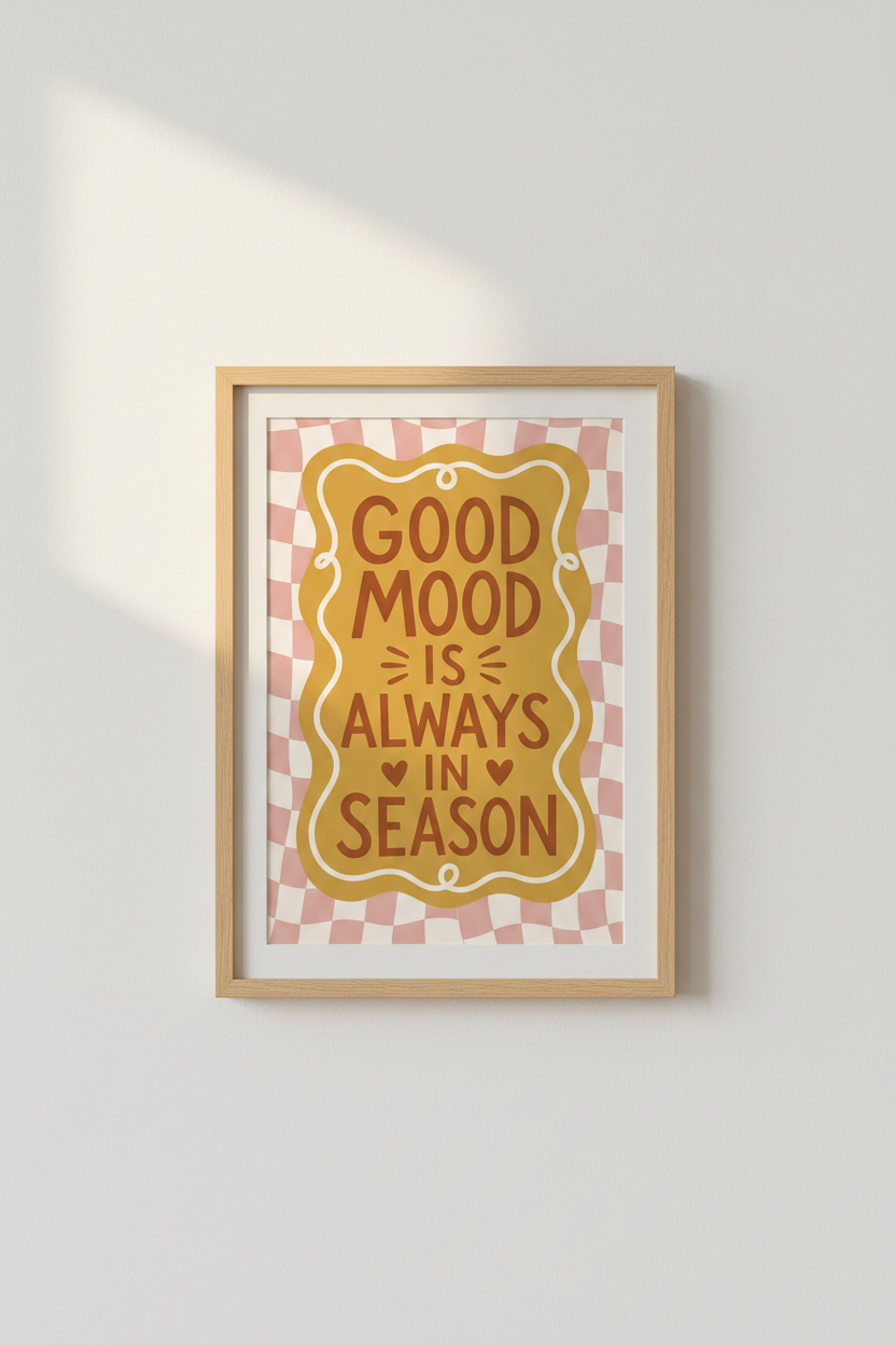 Retro Quote Poster | Good Mood Typography, Pink Checkered Aesthetic Wall Art