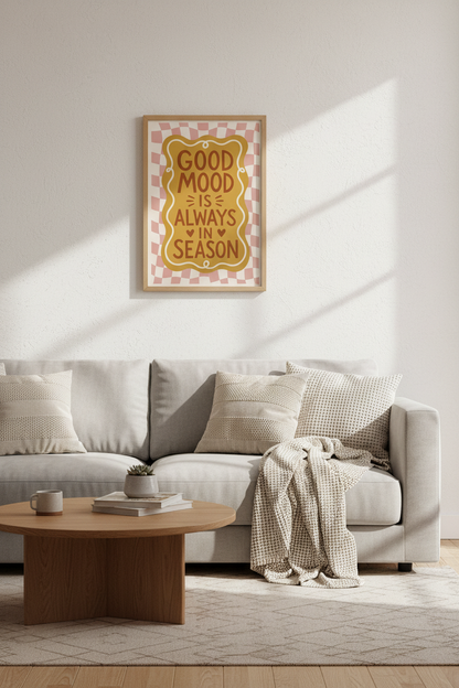 Retro Quote Poster | Good Mood Typography, Pink Checkered Aesthetic Wall Art
