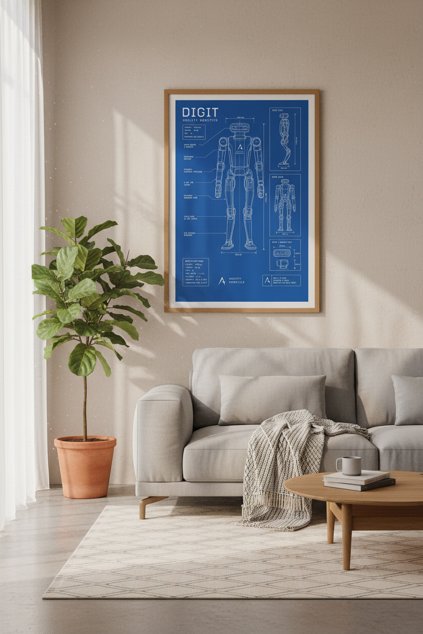 Robot Blueprint Wall Art | Tech Engineering Poster, Home Office Science Decor