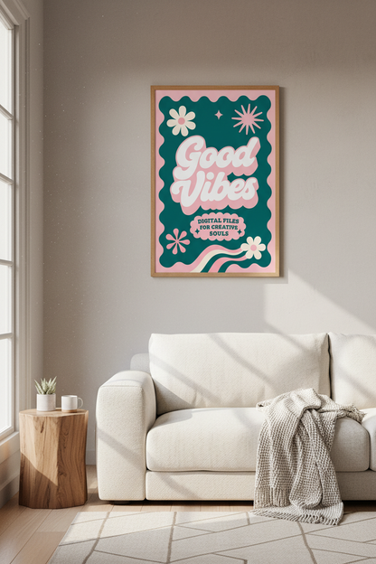 Good Vibes Retro Quote Wall Art | Pink &amp; Teal Dopamine Decor, Bedroom Poster