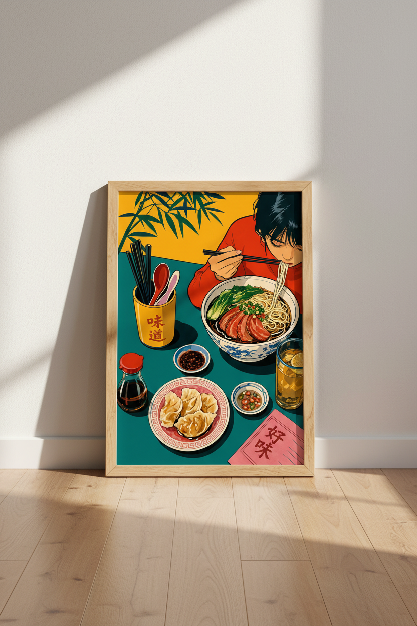 Ramen Noodles Anime Art Print | Kitchen Wall Decor | Retro Japanese Food Poster