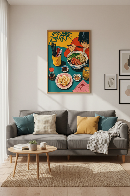Ramen Noodles Anime Art Print | Kitchen Wall Decor | Retro Japanese Food Poster